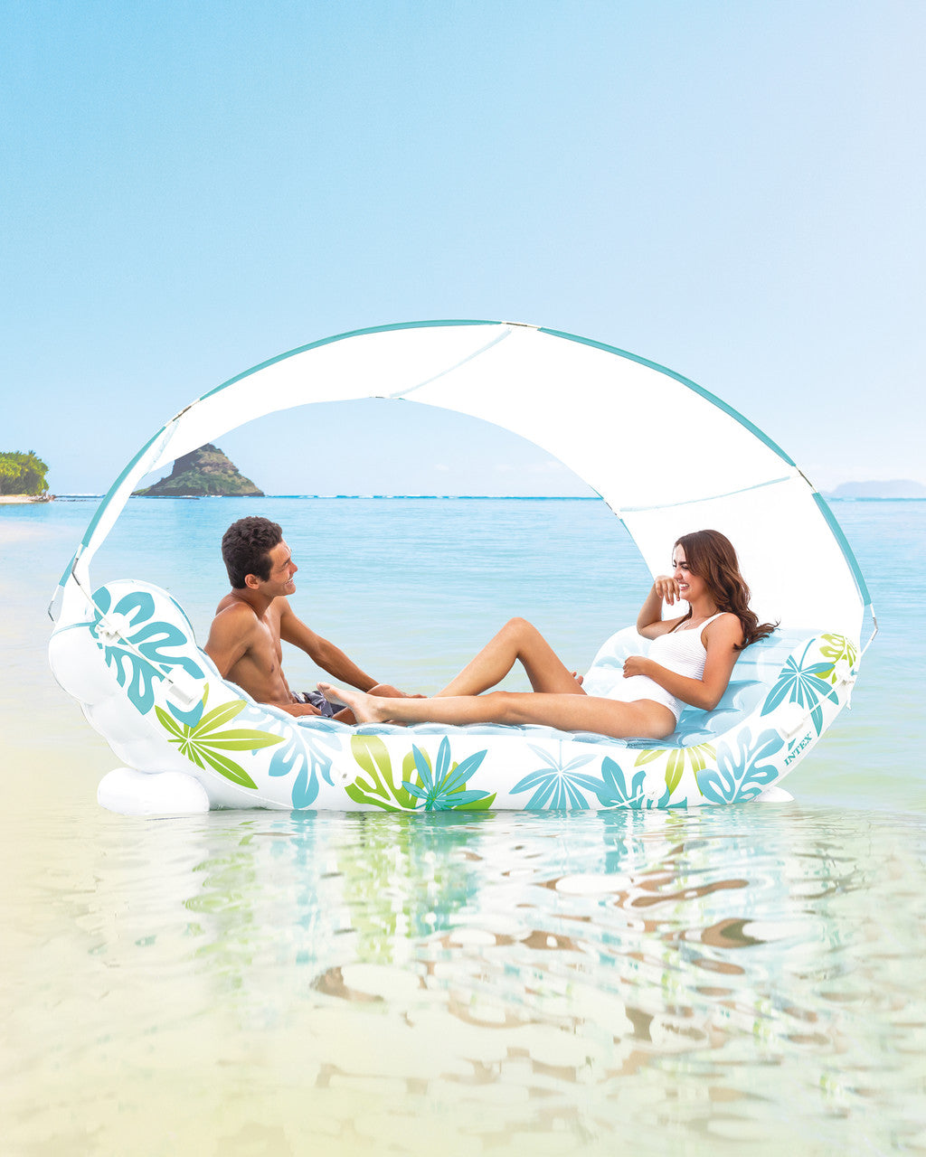 INTEX Inflatable Tropical Canopy Lounge: Detachable Fabric Sunshade – Built-in Cup Holders – Rope Ties - 56294