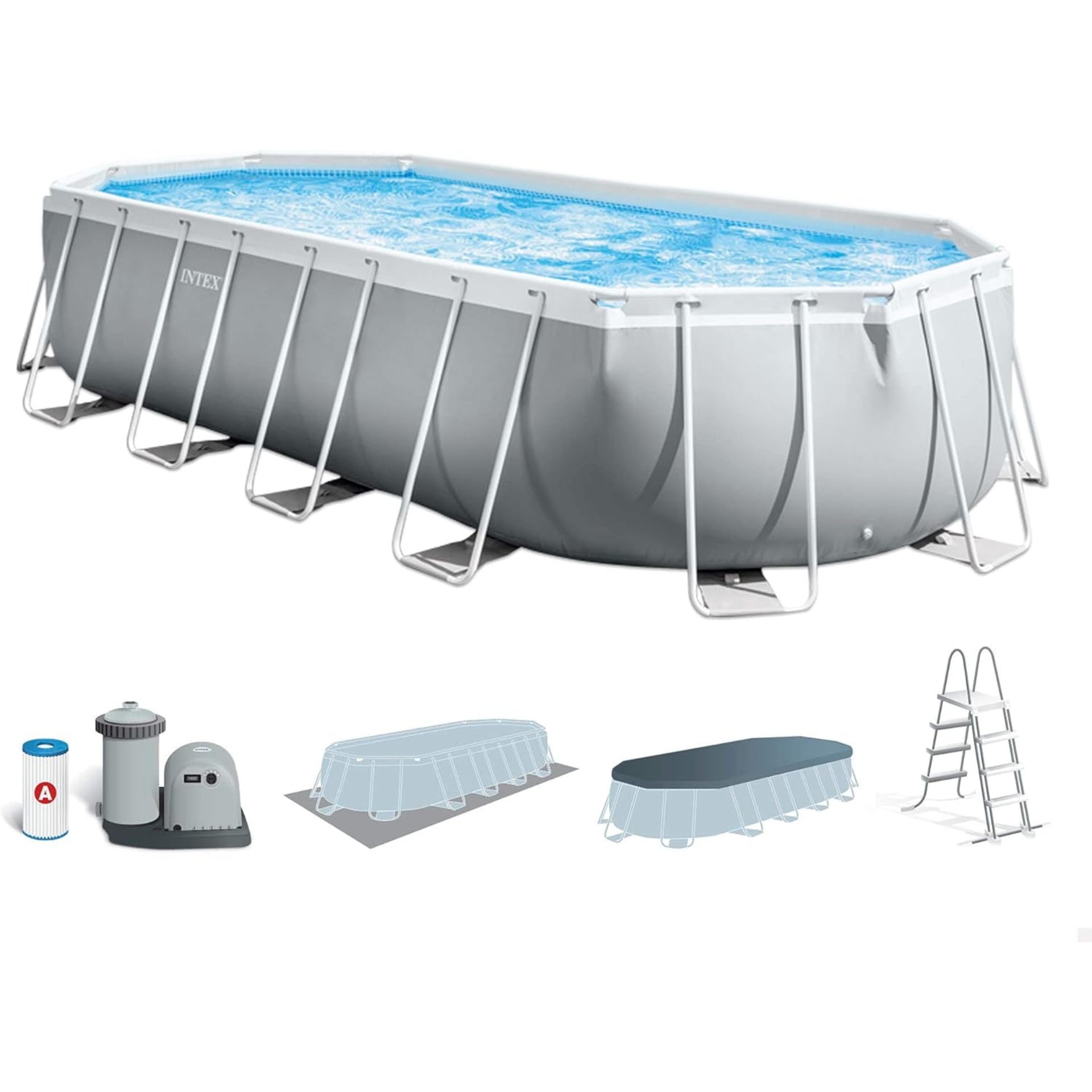Intex 20ft x 10ft x 4ft Prism Metal Frame Oval Swimming Pool with Filter Pump, Ladder, Ground Cloth and Cover