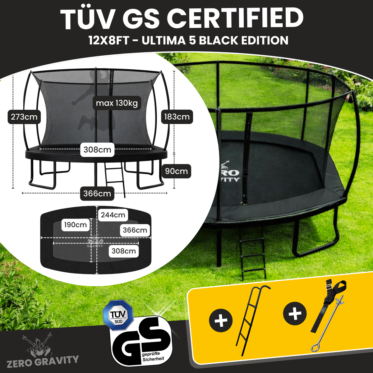 Zero Gravity Ultima 5 12ft x 8ft Rectangular Trampoline and Enclosure BLACK