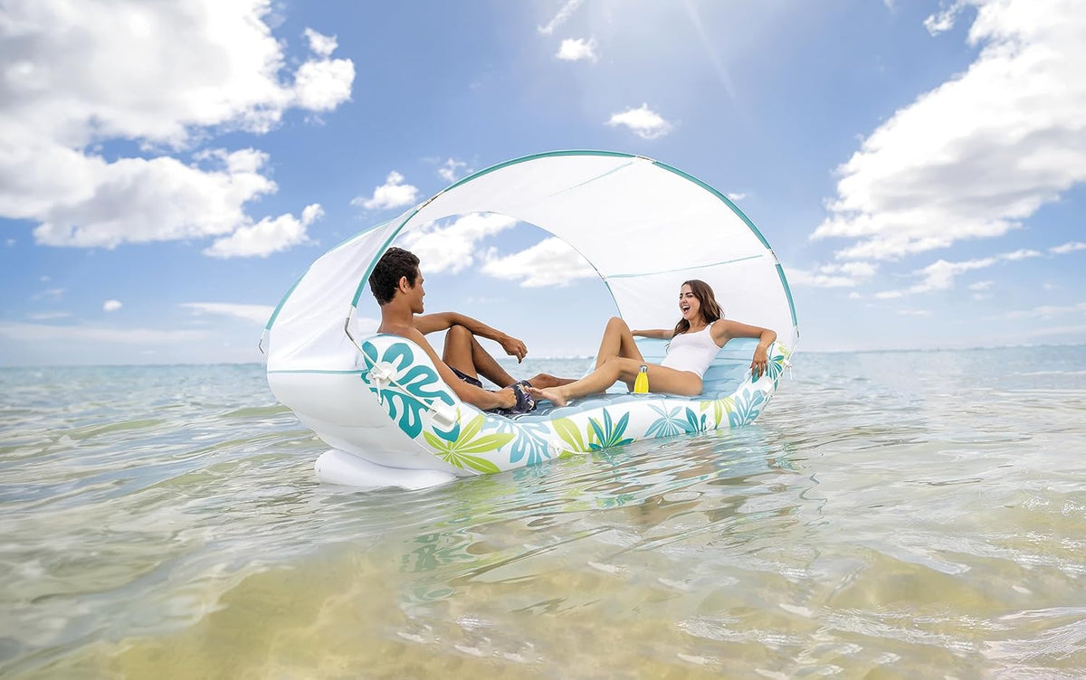 INTEX Inflatable Tropical Canopy Lounge: Detachable Fabric Sunshade – Built-in Cup Holders – Rope Ties - 56294