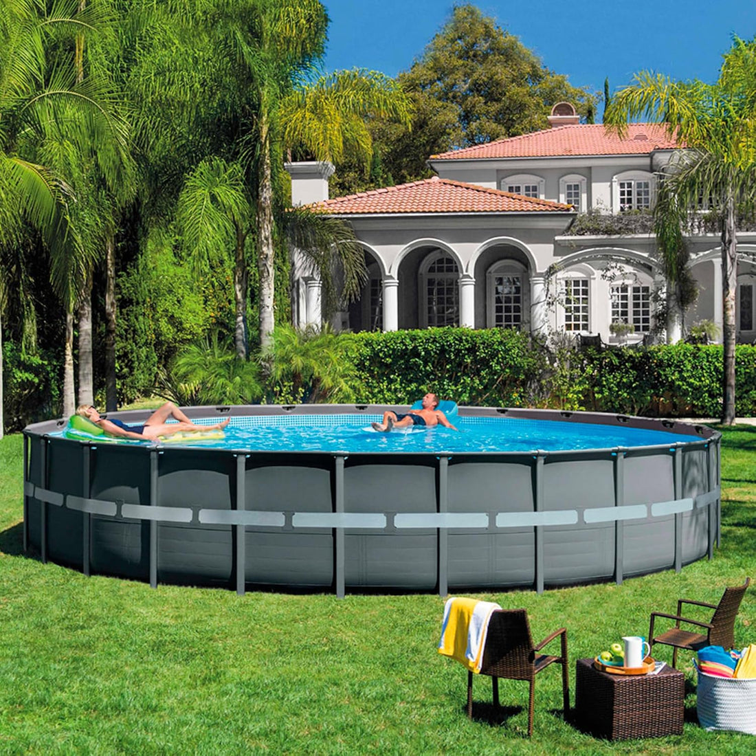 Intex 24ft x 52&quot; Round Ultra XTR Metal Frame Pool with Sand Filter Pump, Ladder, Ground Cloth and Cover 