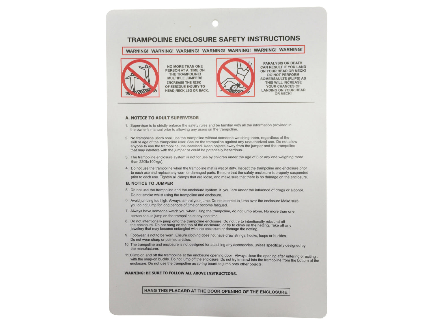 Ultima 4 6ft Trampoline Part Number J - Enclosure Safety Instruction Placard