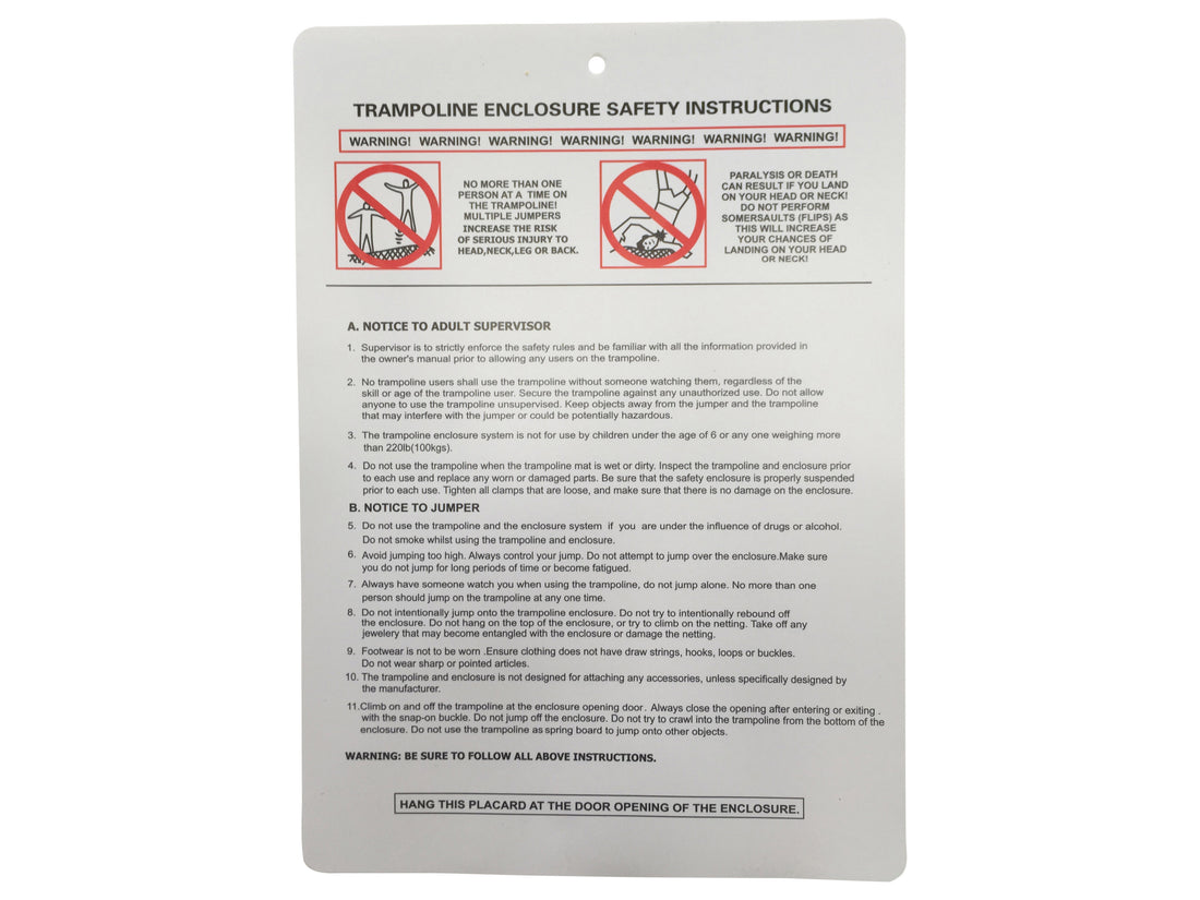 Ultima 4 10ft Trampoline Part Number J - Enclosure Safety Instruction Placard