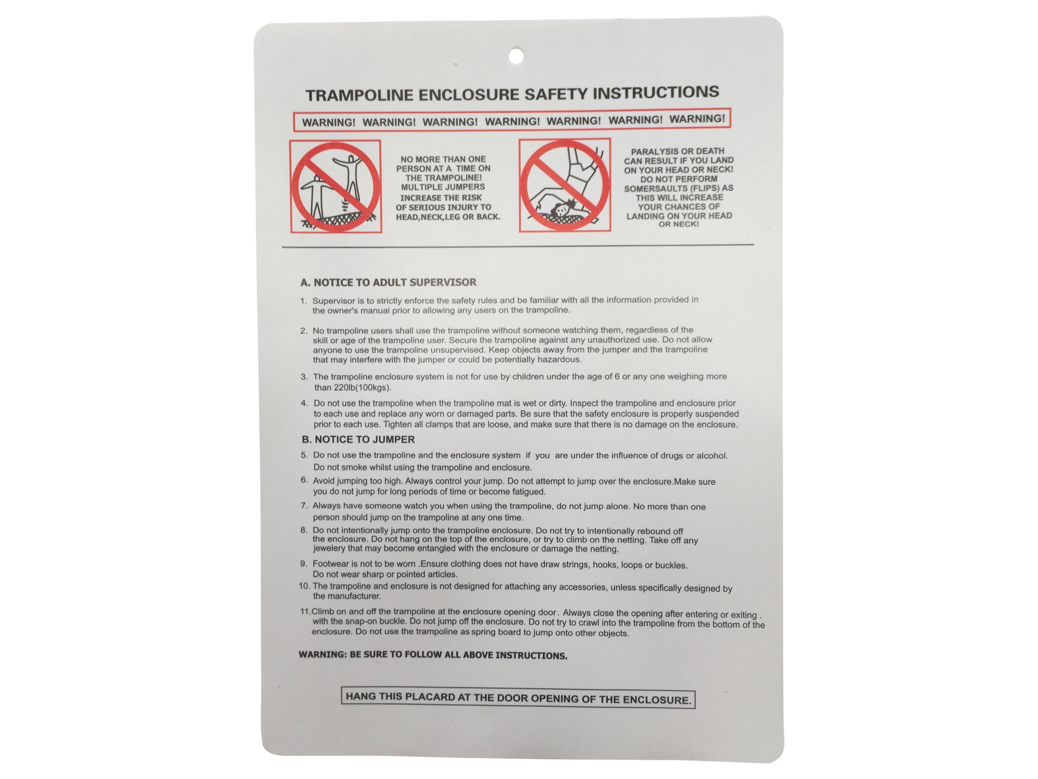 Ultima 4 14ft Trampoline Part Number J - Enclosure Safety Instruction Placard